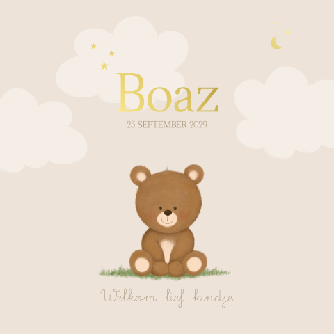 Geboortekaartje met beertje, wolkjes met ronde hoeken – Boaz