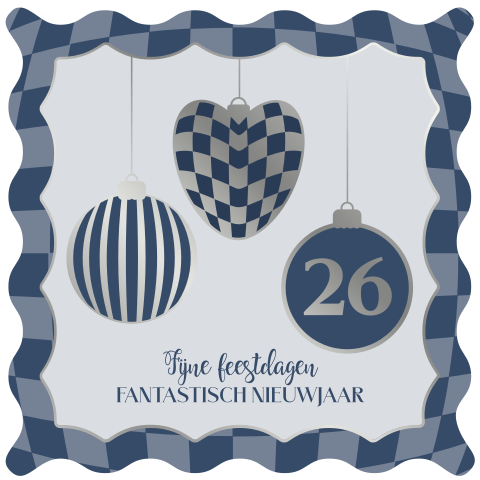 Zilveren kerstkaart met blauwe kerstballen en golfrand in ruitpatroon