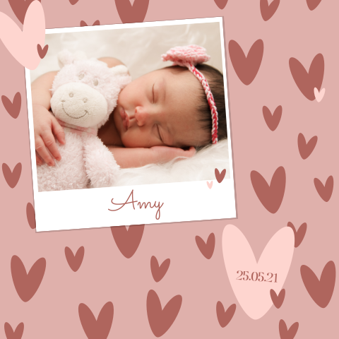 Geboortekaartje meisje hartjes en baby foto