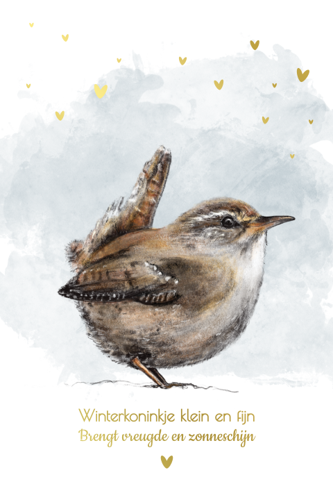 Winterkoninkje - wenskaart met goudfolie hartjes en positieve quote