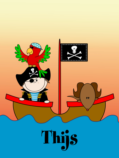 Aanpasbare jongenskamer poster kleurrijke piratenboot met naam 30x40cm