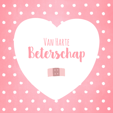 Lief roze beterschap kaart met stippen hart en pleister