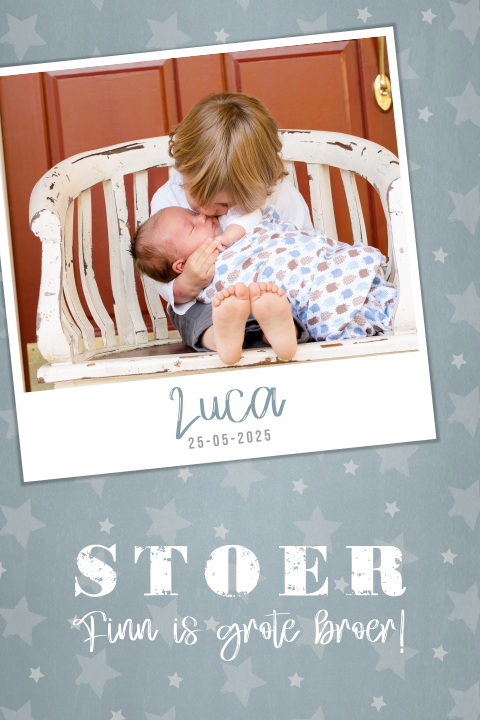 Stoer geboortekaartje jongen - grijs bruine sterren en baby foto