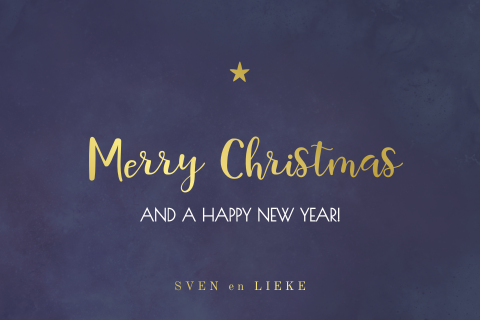 Kerstkaart ronde hoeken blauw en goudfolie minimalistisch