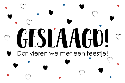 Uitnodiging geslaagd feest zwart-wit met hartjes