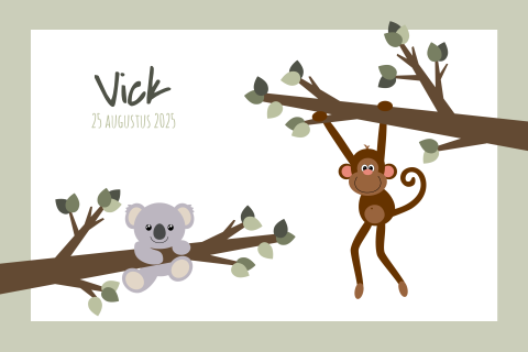 Geboortekaart jongen aap en koala aan een tak Vick