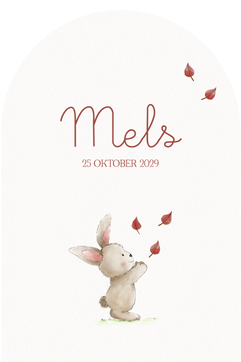 Boogvorm geboortekaartje herfst met lief konijntje en blaadjes