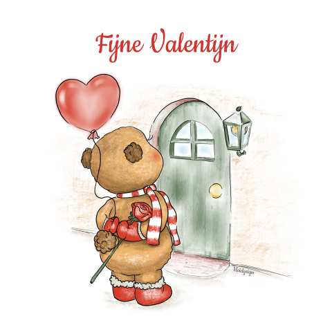 Valentijnskaart met lief beertje, ballon en roosje