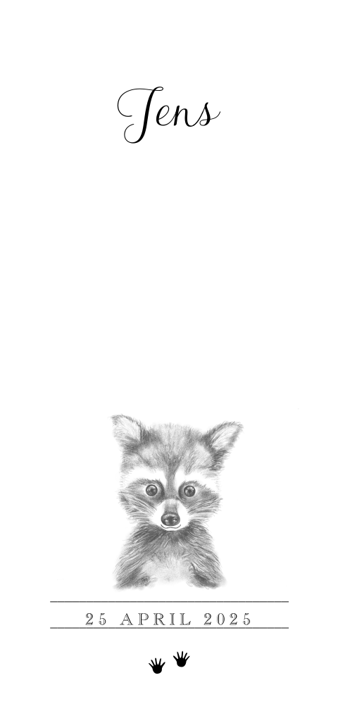 Klassieke geboortekaart potloodtekening baby wasbeer Jens