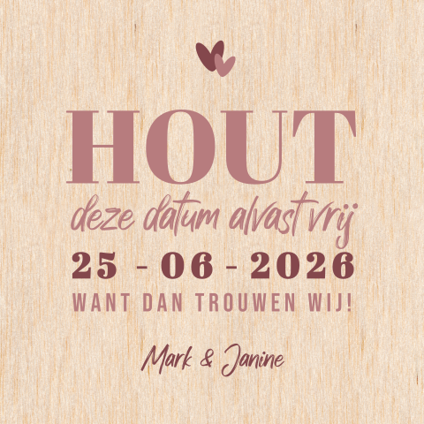 Unieke houten save the date kaart met woordgrapje
