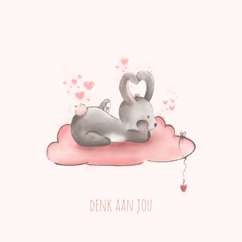 Schattig kaartje Denk aan jou lief konijn met hartjes