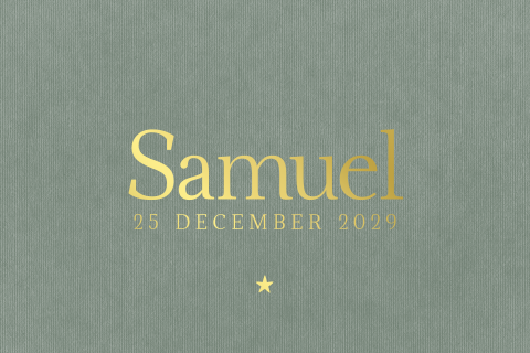 Minimalistisch geboortekaartje groen met hartje en goudfolie – Samuel