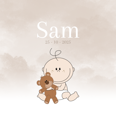 Schattig geboortekaartje jongen lieve baby en teddybeer beige tinten 