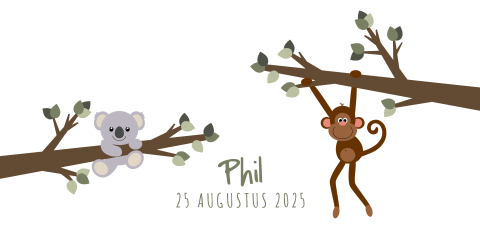 Geboortekaartje koala en aapje hangend aan een tak Phil