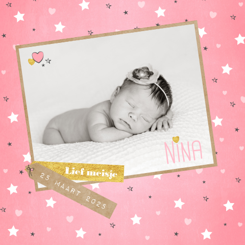 Geboortekaart met foto lief roze kaartje sterren en hartjes Nina