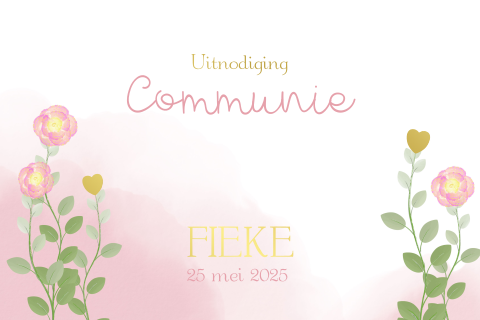 Communie uitnodiging goudfolie waterverf en bloemen