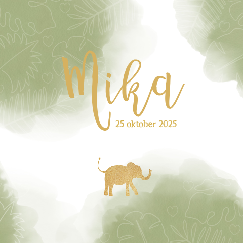 Geboortekaart jungle waterverf bladeren silhouet olifant Mika