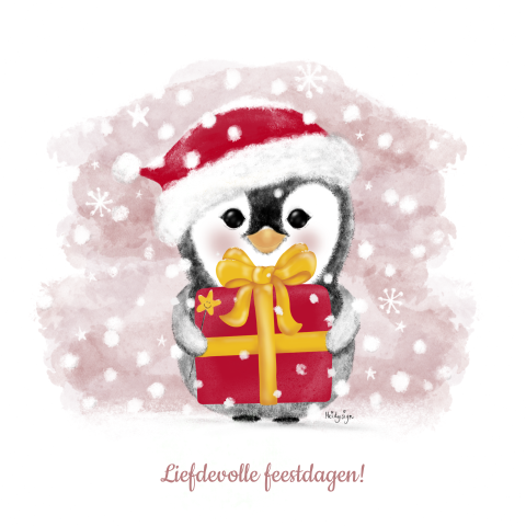 Kerstkaart met een schattige knuffelige pinguin met kerstcadeau