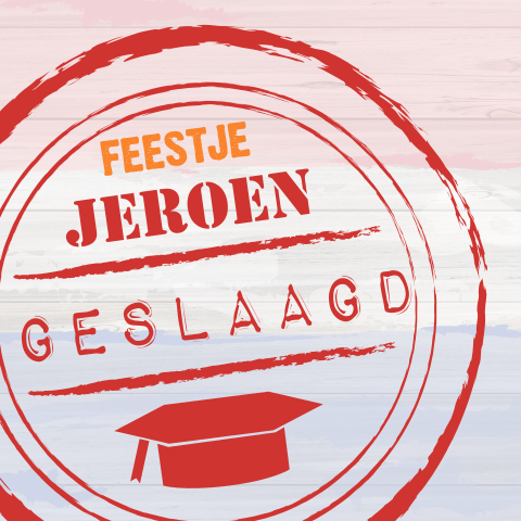 Geslaagd! Stoere uitnodiging rood wit blauw stempel