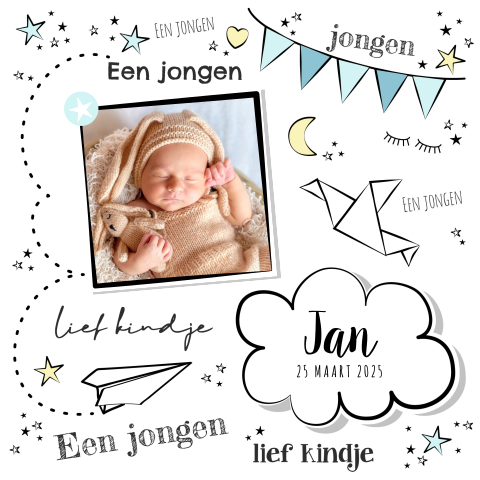 Hip geboortekaartje met eigen foto in handlettering stijl Jan