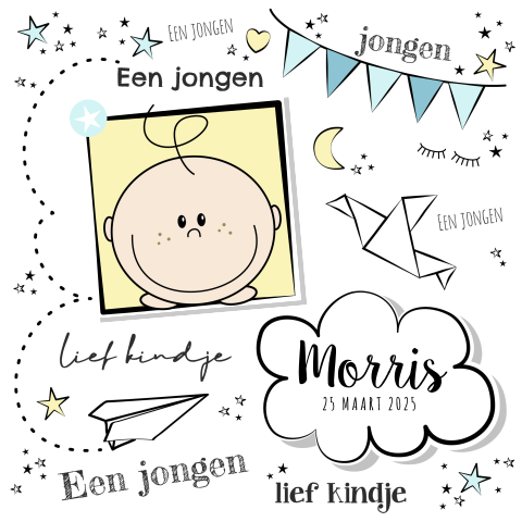 Hip geboortekaartje jongen handlettering stijl Morris