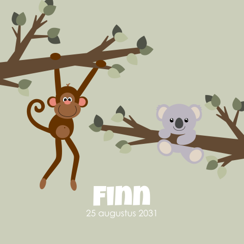 Geboortekaart groen met aap en koala aan een tak Finn