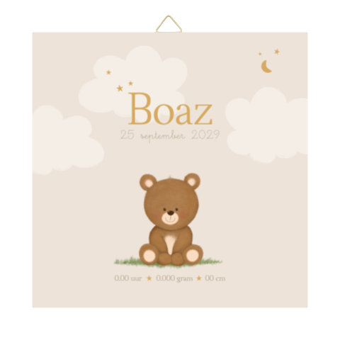 Lieve geboortetegel met beertje en wolkjes – Boaz