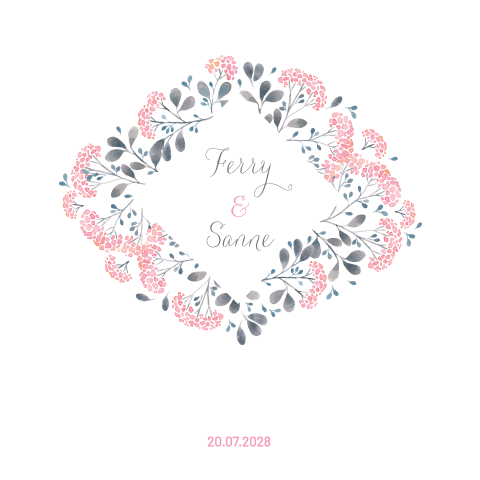 trouwkaart watercolour met bloemen in roze en grijs