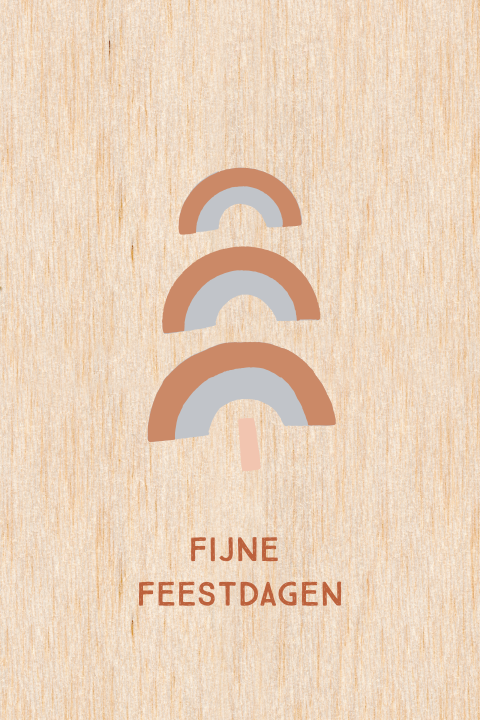 houten kerstkaart met illustratie regenboog kerstboom