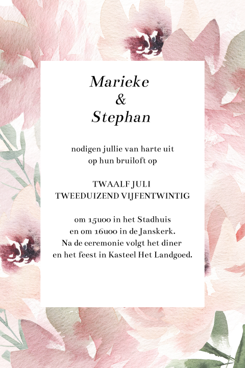 Romantische trouwkaart bloemen roze waterverf