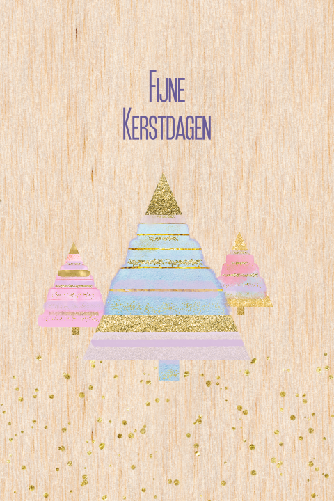 houten kerstkaart met kerstboompjes roze paars