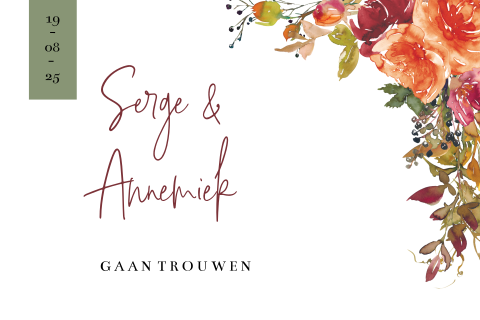 Trouwkaart met oranje en rode bloemen waterverf