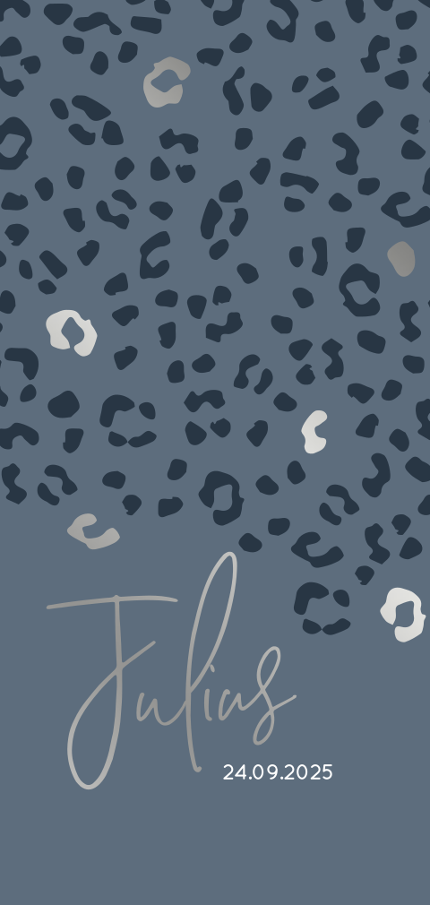 Stoer geboortekaartje met panterprint in blauw en zilverfolie