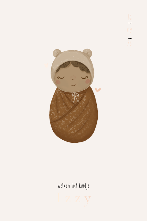 Lief geboortekaartje baby met bruin mutsje