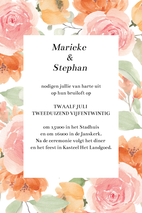 Romantische trouwkaart bloemen roze en oranje waterverf