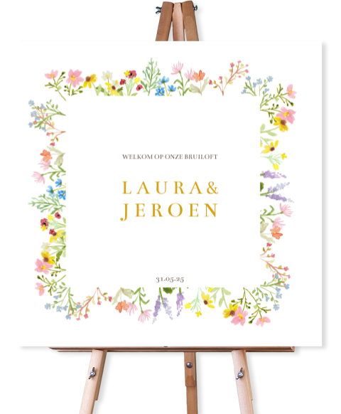 Welkomstbord bruiloft vierkant met kleurrijke veldbloemen