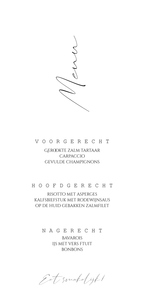 Minimalistische menukaart zwart wit