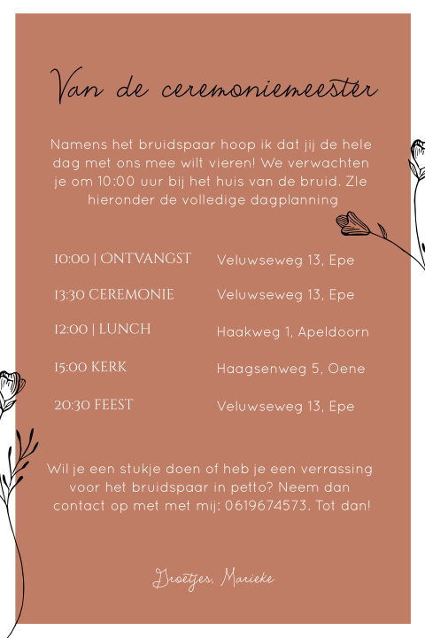 Dagplanning met roestbruine achtergrond en veldbloemen