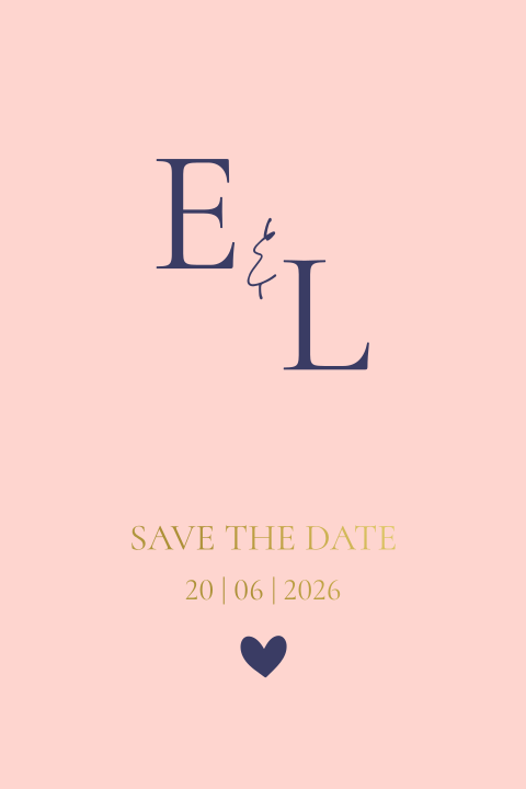 Roze save the date met blauwe tekst