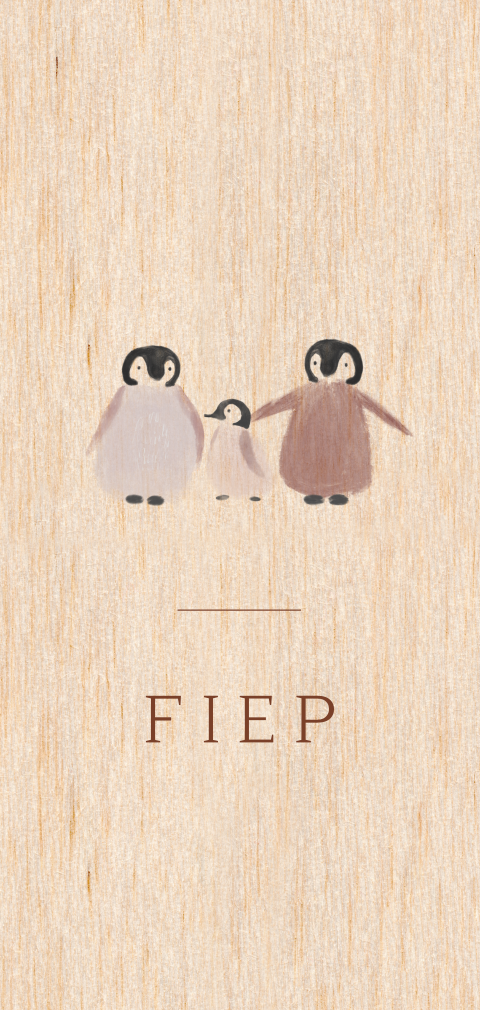 Geboortekaartje meisje op hout met pinguins