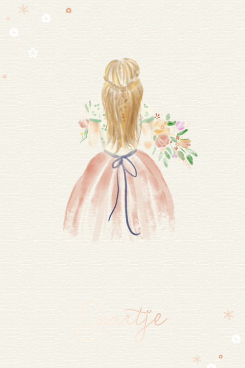 Lief geboortekaartje meisje met jurk en bloemen folie