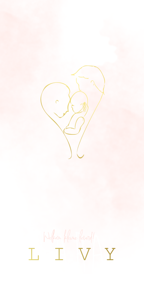 Geboortekaartje met lijntekening van ouders met baby