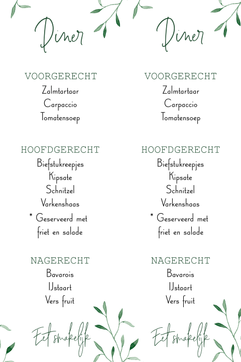 Botanische menukaartjes voor bruiloft