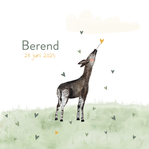 Geboortekaartje met okapi en hartjes in het groen