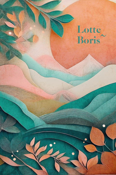 Boho trouwkaart met kleurrijk landschap in papercut stijl en bladeren