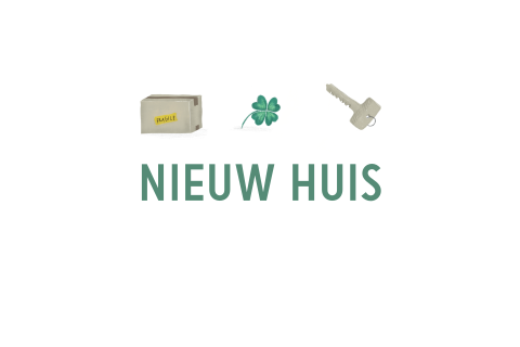 Wenskaartje Nieuw huis met een sleutel en een verhuisdoos