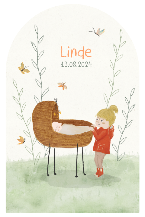 Geboortekaartje boog tekening zusje baby wiegje