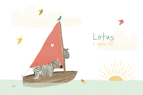 Zonnig geboortekaartje meteen zebra en koala in een zeilbootje