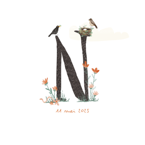 Geboortekaartje met Initiaal en ei in nestje en merel familie