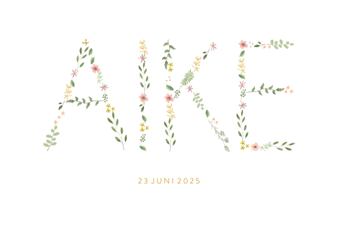 Lief en eenvoudig geboortekaartje met letters van bloemen
